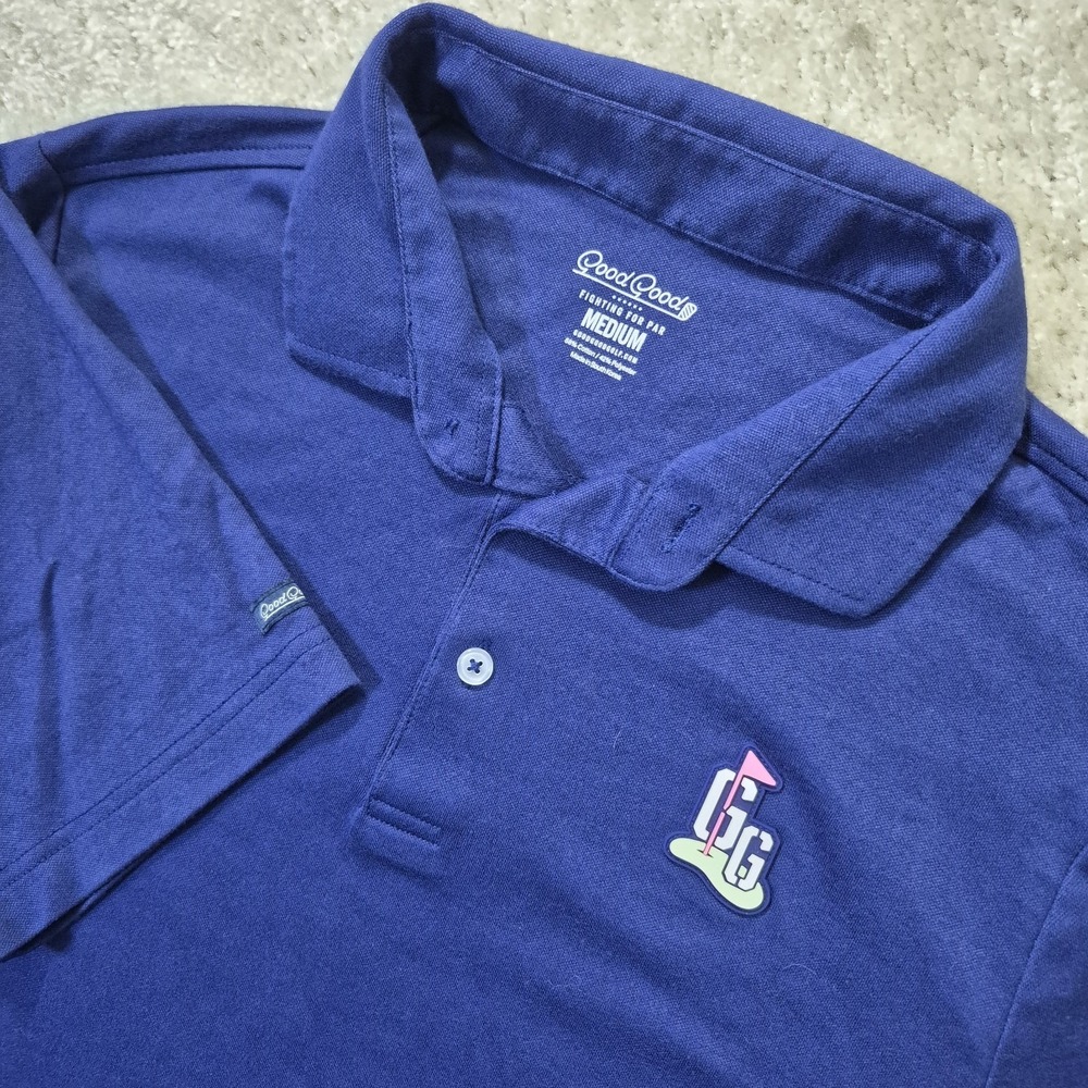 Good Good Polo Shirt Mens Medium SLIM Blue Performance Stretch Preppy Logo Golf
